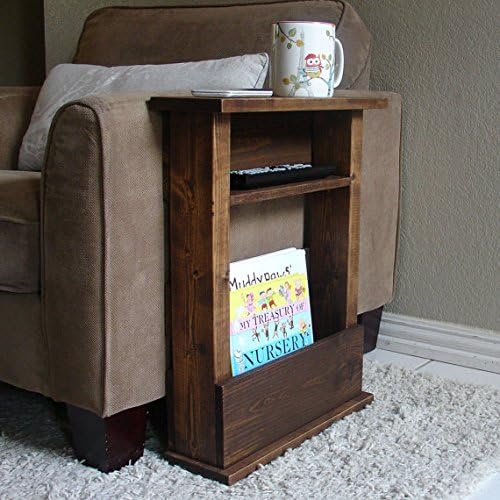 Rustic Sofa Chair Arm Rest Table Stand with Shelf and Storage Pocket for Magazine