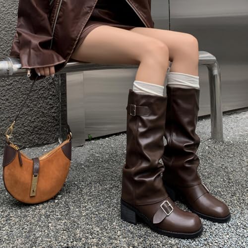 Image of Goolita Women's Buckle Biker Knee High Boots Square Toe Chunky Heel Star Moto Mid Calf Boots Slip On Motorcycle Riding Boot