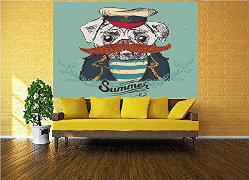 116X83 Inches Wall Mural,Captain Dog With Hat Mustache Jacket And Shirt Cute Animal Funny Image Decorative Peel And Stick Self-Adhesive Wallpaper Removable Large Wall Sticker Wall Decor For Home Offic #TOP1