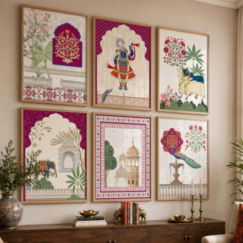 Image of KOTART Aesthetic Traditional Indian Wall Art Madhubani Paintings for Living Room | Pichwai Art Painting for Wall Decoration | Framed Painting for Home Room Bedroom Office Decor | Poster With frames | Paintings For Home Decoration | Indian Decor Frames | set of 6 (A)