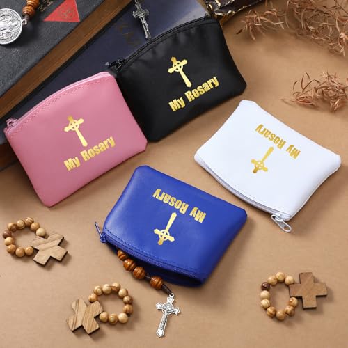 Image of Dansydaisy 4 Pcs Rosary Pouch Catholic with Gold Cross PU Leather Rosary Case for Women and Men Coin Purses Holder Zipper Bag for Travel Christmas, 4 Colors(Classic Colors,Celtic Cross)