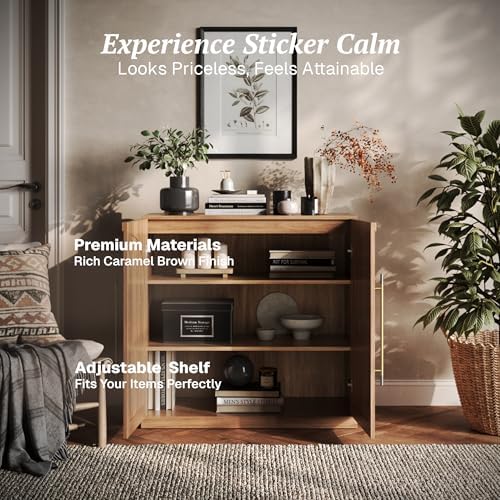 BELLEZE Modular Sideboard with Double-Arc Wood Doors, Small Arched Buffet Cabinet with Storage and Adjustable Shelves, Classic Modern Credenza for Living Room, Kitchen or Entryway(Camel) - 3