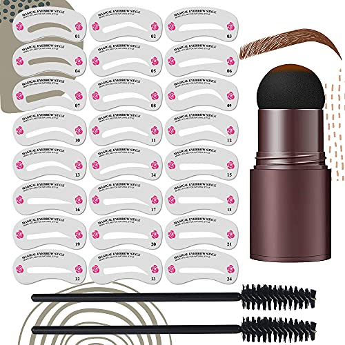 Eyebrow Stamp Stencil Kit, Eyebrow Stamp, 1 Step Eyebrow Stamp Shaping Kit, Long Lasting and Water Resistant Eyebrow Makeup, Eyebrow Stamp with Reusable Brow Template and 24 PCS Stencils Kits, Brown