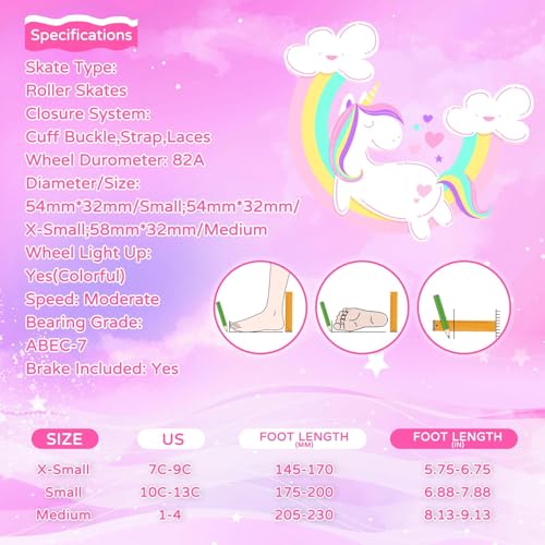 Image of Girls Roller Skates for Big Kids ages6-12 7 8 9 10, 4 Size Adjustable Rainbow Unicorn Quad Skates with All Light Up Wheels - Best Birthday Gift for Outdoor Sports