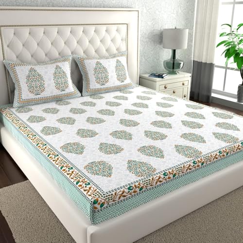 Image of La Verne 140 TC 100% Cotton King Size Jaipuri Rajasthani Print Bedsheet with 2 Pillow Covers
