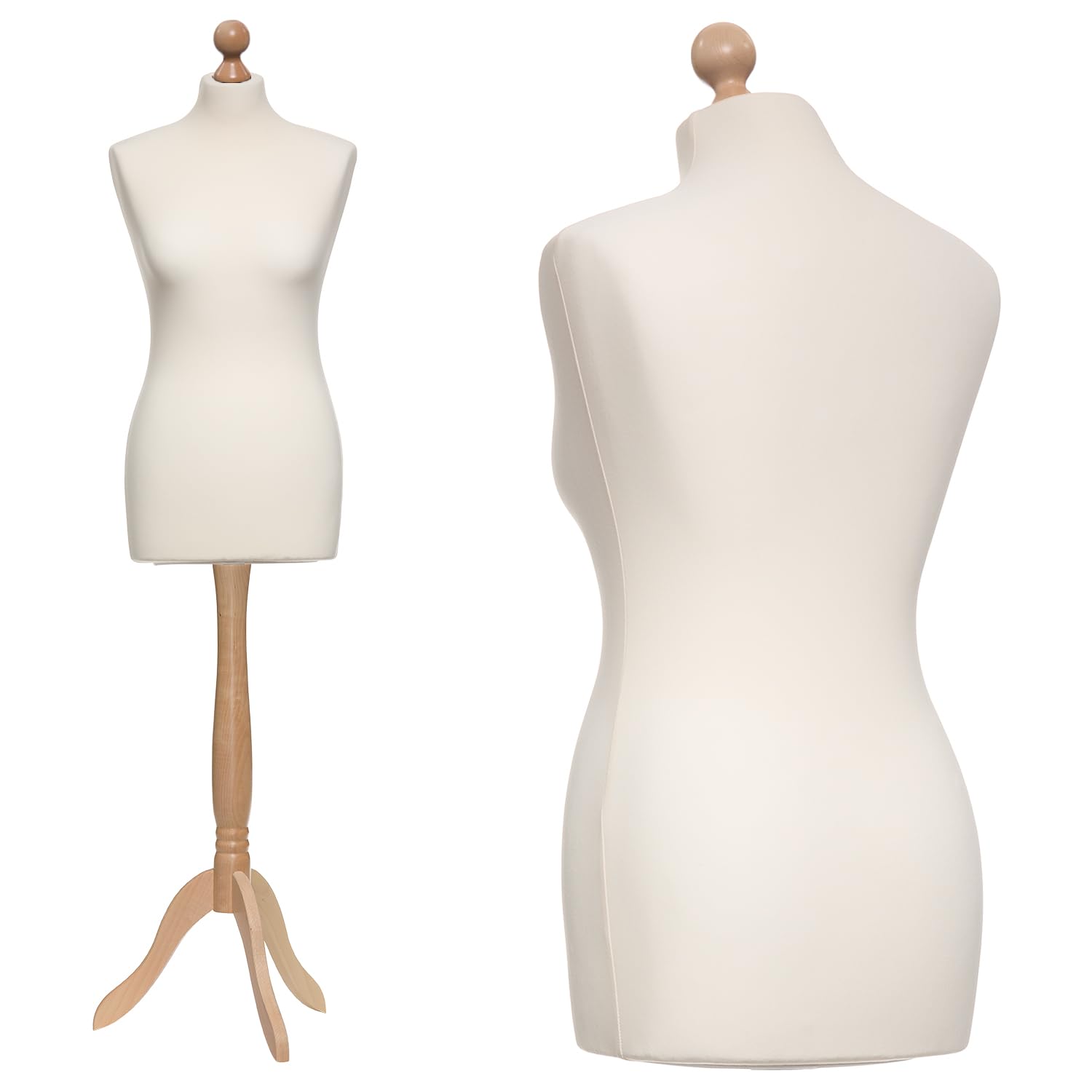 Schneiderpuppe weiblich Größe 34/36, Überzug Creme/Ecru, Holzdreibein Buche