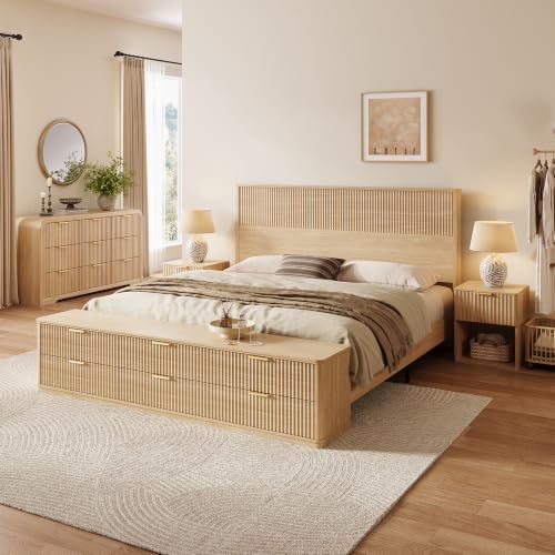 Image of LINSY Fluted Bohe King Bed with Headboard and Storage Bench, Natural Oak
