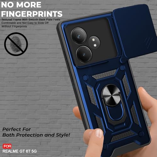 Image of AESTMO Polycarbonate Tough Armor Realme Gt 6T 5G Bumper Back Case Cover|Ring Holder & Sliding Camera Shield Cover|360 Degree Protection Back Case Cover for Realme Gt 6T 5G (Blue)