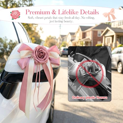 Image of 6PCS Wedding Car Door Handle Decorative Flowers, White Artificial Cars Bouquet Flower Bowknot Ribbon Decor, Just Married Automotive Decorations Accessories for Door Handles(Pink)