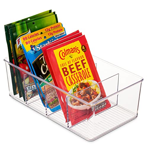 Set Of 4 Plastic Food Storage Organizer Bins - Divided Compartment Holder For Snacks, Packets, Pouches Stackable Fridge Organizers For Freezer, Kitchen, Cabinets - Clear Plastic Pantry Storage Rack #TOP6