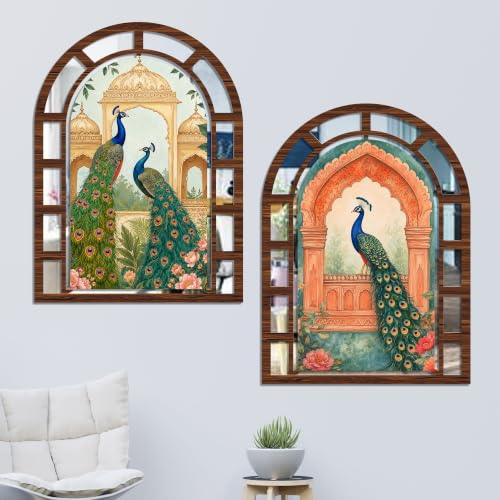 Image of Artvibes Peacock Floral & Royal Arch Theme Decorative Wall Hanging | Jharokha Mirror for Living Room, Bedroom, Hall, Dining Room, Office & Entryway | Gift (WHJ 12006N), Set of 2