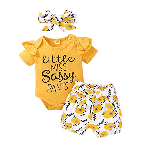 Newborn Baby Girl Short Sleeve Ruffle Sunflower Romper Bodysuit Tops+Dress Shorts Set Headband 3Pcs Summer Outfits (Yellow(Little Miss saaay Pants), 0-3 Months)