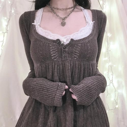 Women Y2K Babydoll Sweater Flare Hem Fairycore Shirt Blouse Long Sleeve Scoop Neck Sweet Cute Knit Top 2000s4