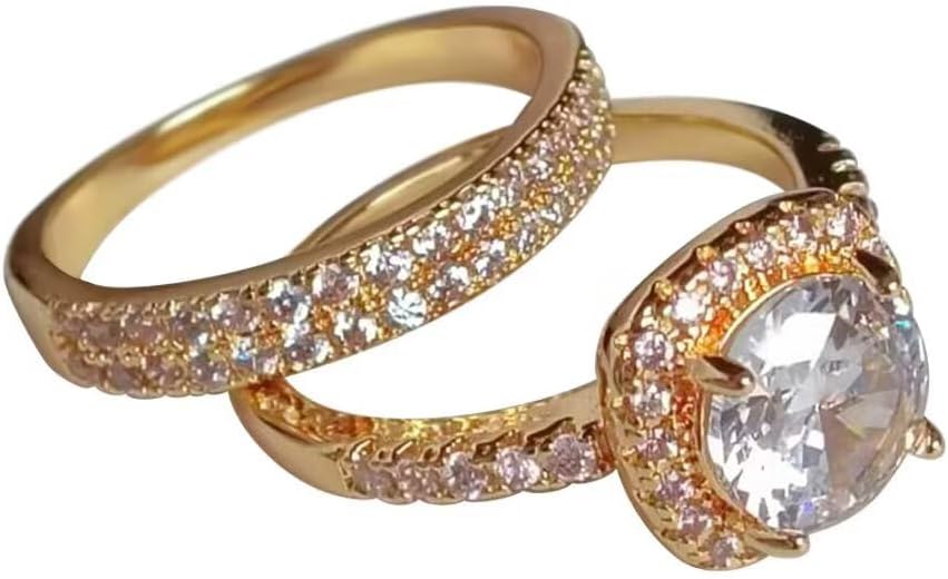 Two-in-One Stylish White Gold Plated Bright Round Cut Bridal Wedding Ring Set Jewelry Gifts Cubic Zirconia Halo Engagement Promise Eternity Rings Set for Women (9