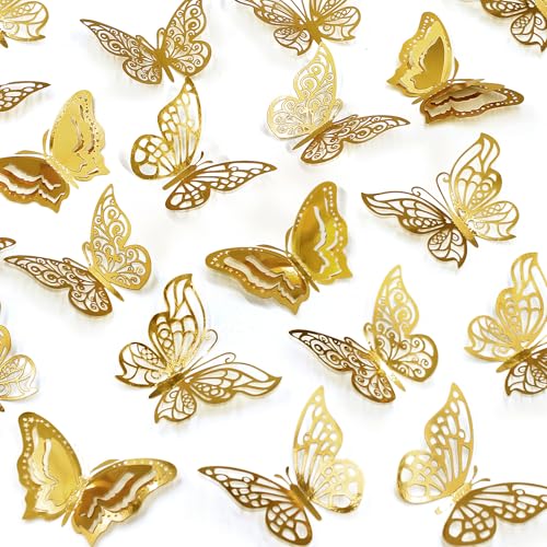 96 Pcs Butterfly Decorations 3 Sizes 4 Styles 3D Butterfly Wall Decor Party Decorations Butterflies for Crafts Birthday & Wedding Celebrations Cake Decorating Balloons Removable Stickers Gold