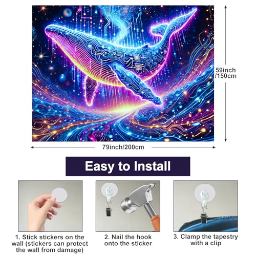 Image of BlissYard Whale Circuit Blacklight Tapestry 78x59 Inch Futuristic Ocean Animal Blacklight Tapestry Glow in The Dark Wall Hanging Neon Whale Decor for Bedroom Living Room Dorm Party Art