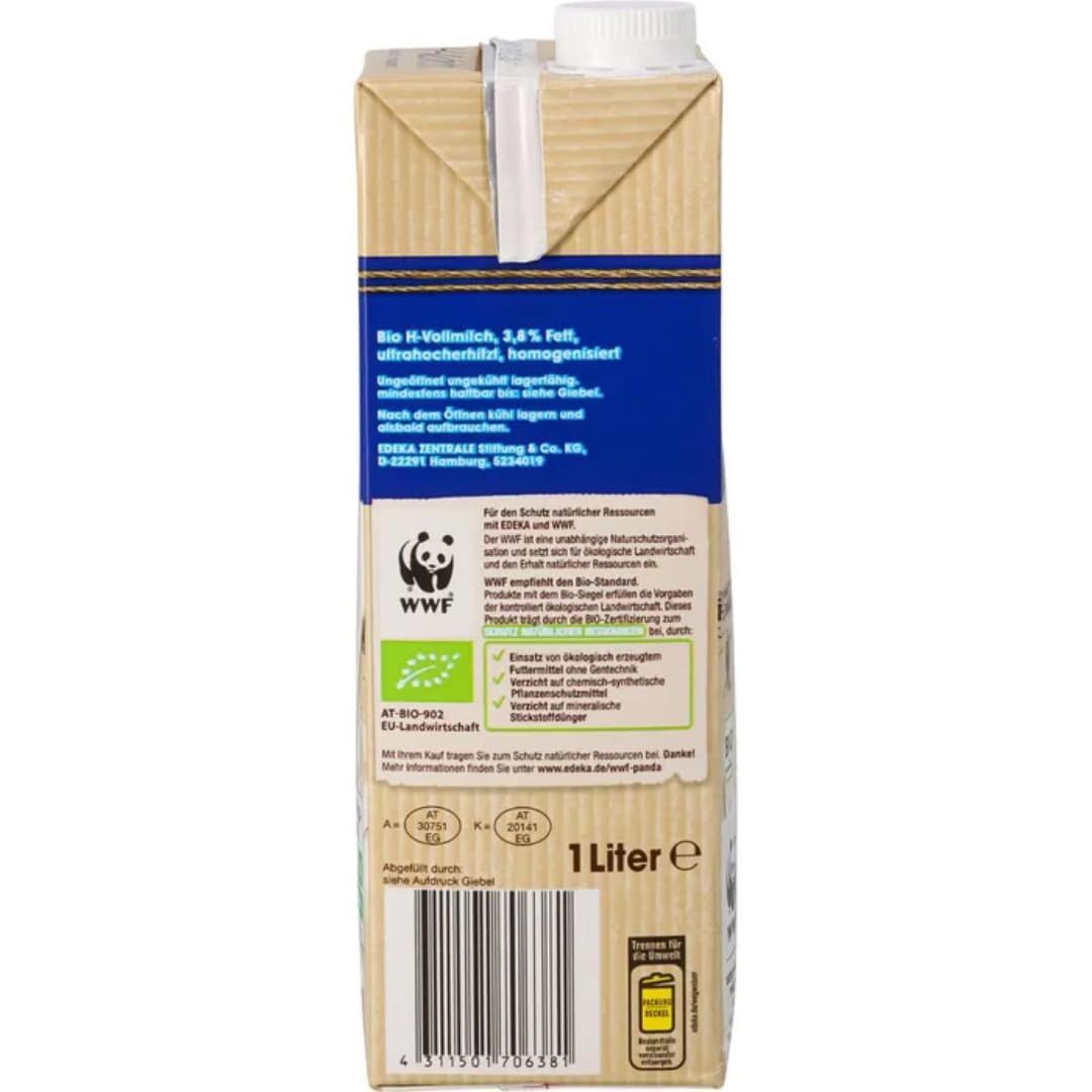 Milch H-Vollmilch 3,8% Fett, Haltbare Milch,je 1 Liter, 24 Stück mit pufai Grocery
