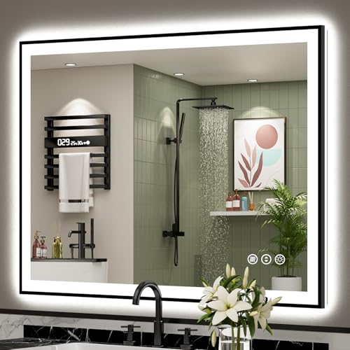 Image of 44x36 Black Framed LED Bathroom Mirror with Lights, Backlit and Front Lit Anti-Fog Lighted Vanity Mirror for Bathroom Wall, Dimmable, 3 Colors, Memory, Shatter-Proof, HD Tempered Glass, CRI 95