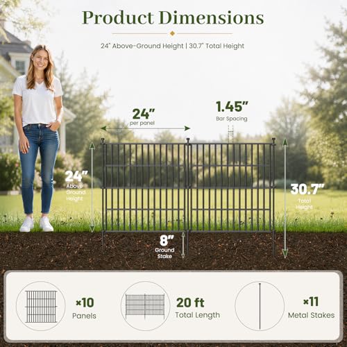 Image of No-Dig Decorative Outdoor Garden Fence for Yard, Animal Barrier Fencing for Dog | Rustproof Metal Temporary Fence for Patio, Pet and Flower Bed | 24in (H) x 20ft(L), 10 Panels