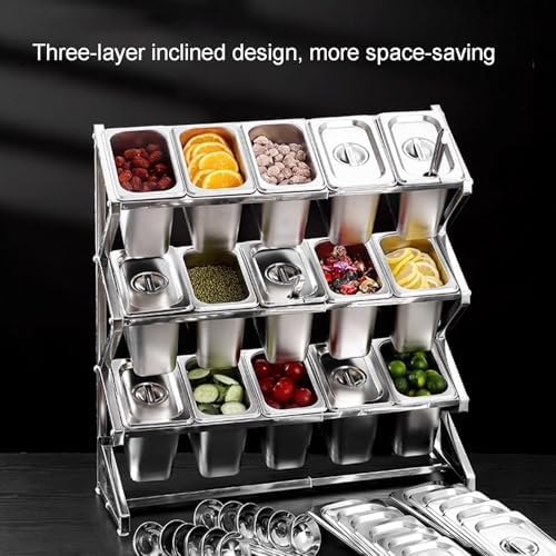 Expandable Spice Rack Organizer Shelf, Salad Jam Ingredients Fruits Countertop Food Dispenser, Stainless Steel Commercial Condiment Racks, Kitchen Buffet Seasoning Container(15 Grids-c)