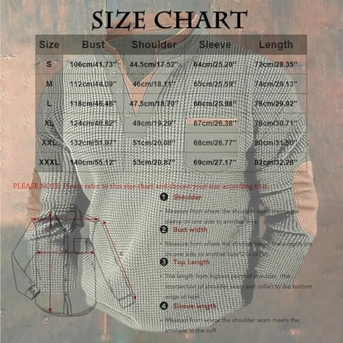 Men's Waffle Sweatshirt Casual Knit Pullover Stylish Cozy Button V Neck Long Sleeve Henley Shirts with Elbow Patches3