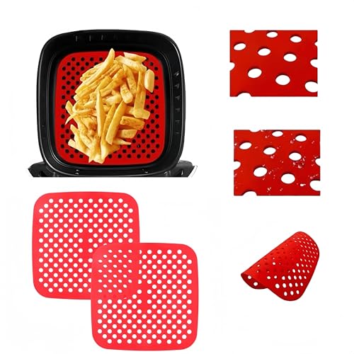 2er Set Silikon Luftfritteuse Liner, 7,5 Zoll Wiederverwendbare Antihaft-Silikonmatten, Perforiertes Backpapier-Ersatz für Luftfritteusen, Umweltfreundlich, Schwarz und Rot,Innenfutter Matte