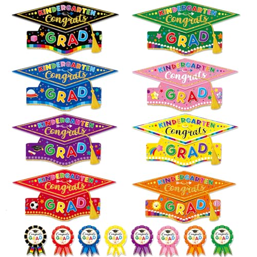 Generic 64 Pieces Paper Graduation Caps Preschool Graduation Crowns for Boys and Girls Kindergarten Preschool Elementary Graduation Party Decorations, 9 Styles, 13.5*5.3inch, 8 Colours