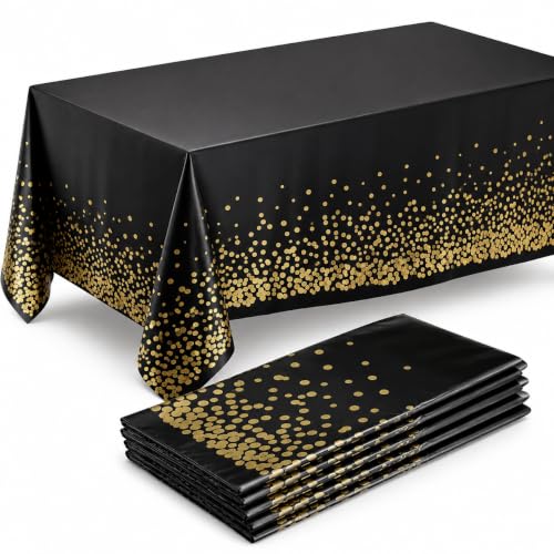 Image of Prestee 4 Pack Gold and Black Table Cloth Rectangle Table Covers 54 x 108 Inches - Plastic Table Cloth Disposable for Parties, Dining and Events - Black Tablecloths for Weddings and Celebrations