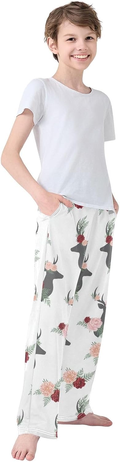 Retro Deer Floral White Pajama Pants Soft Cozy Lounge Sleepwear with Pockets, Elastic Waist