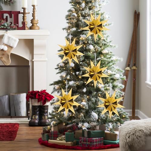 Image of 12 Inches 5 PCS Gold Paper Star Lanterns Christmas Party Decorations Hanging Stars Wedding Birthday Christmas Home Party Decorations(9 Pointed)