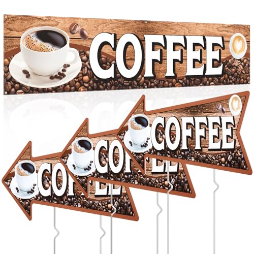 Tegeme 4 Pack Coffee Stand Supplies 1pcs 2x10 ft Banner and 3 Pcs Coffee Yard Signs with Metal Stakes Double Sided Print for Advertising Business Store Decor Home Lawn Outdoor