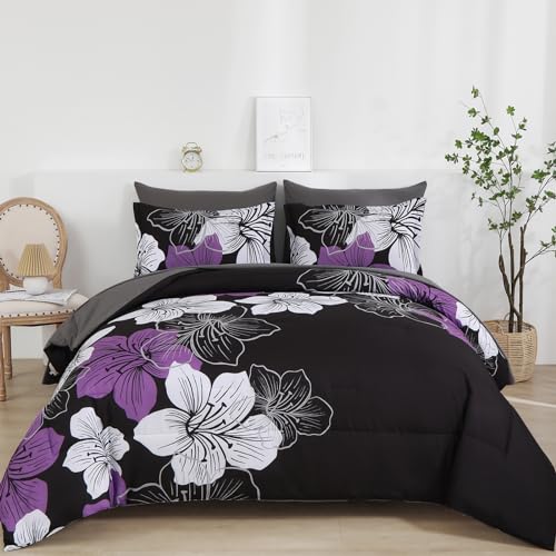 Luxudecor Floral Comforter Set King Size 7 Pieces Bed in a Bag Purple Floral Comforter and Sheet Set Soft Microfiber Complete Bedding Sets for All Seasons