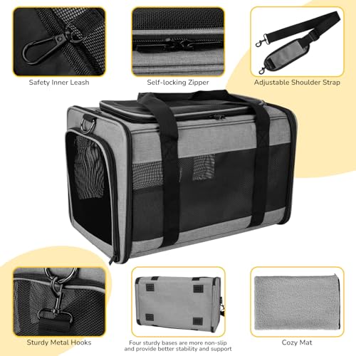 Hipubby Cat Carrier Dog Carrier for Pets Up to 16 Lbs, Soft-Sided Pet Travel Carrier for Cats and Small Dogs, Airline Approved Pet Carrying Case with Shoulder Strap & Removable Mat - Grey - Image 4