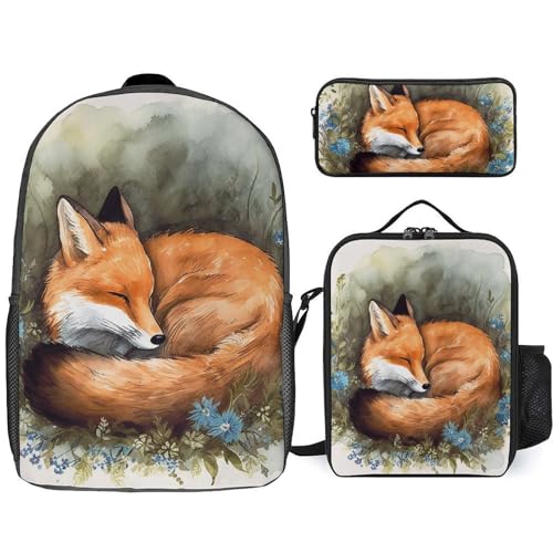 A Sleeping Fox Backpack Set Lightweight Bag Lunch Box Pencil Bags for Women Men Bookbags 3 in 1