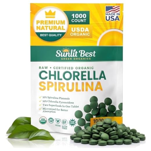 Sunlit Organic Chlorella Spirulina Tablets 50/50 Burst & Cracked Cell Wall Algae, Pure, Clean, Raw Non-GMO Vegan Green Superfood Supplement, High Protein chorella/spirulina Pills, 1000 Superfood Tabs