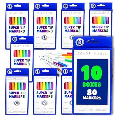 Color Swell Super Tip Washable Bulk Marers Pack 10 Boxes of 8 Vibrant Colors (80 Total)