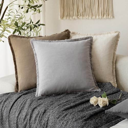 Image of Foindtower Set of 2 Decorative Linen Fringe Throw Pillow Covers Cozy Farmhouse Cushion Cover with Tassels Accent Pillowcase for Couch Chair Sofa Bed Living Room Home Decor,16x16 Inch,Light Rustic Gray