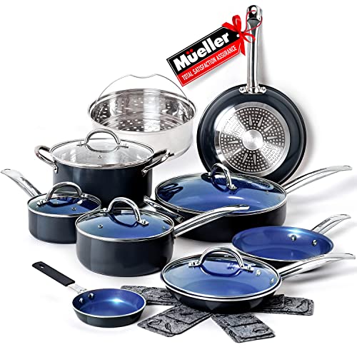 Mueller Ultraclad Sapphire Pots And Pans Set Nonstick, 14 Piece Induction Cookware Sets, Aluminum Body, Includes Non Stick Frying Pans, Deep Frying Pan, Sauce Pans For Cooking, Dutch Oven And More #TOP6