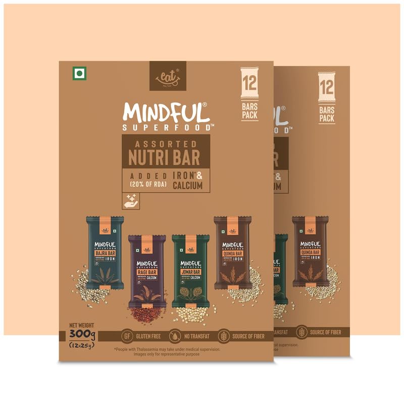 EAT Anytime Mindful Assorted Millet Nutri Bar|Gluten Free & High Fiber|Energy Bar Sugar Free|High Protein Bar|Healthy Bar & Breakfast Protein Bar|Granola Bar/Energy Bar - 600Gm(24Pcs Of 25Gm)