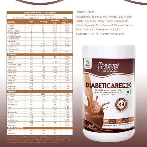Image of Pro360 DiabetiCare Pro Nutritional Diabetic Protein Food Supplement Powder to Manage Diabetes and Blood Glucose for Adults (Men & Women) - 200gm Jar (Chocolate)