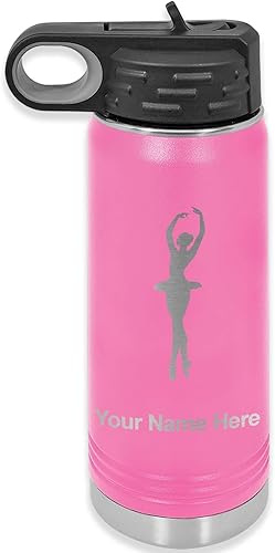 LaserGram Botella de agua de doble pared con tapa abatible de 20 onzas con pajilla, bailarina de ballet, grabado personalizado incluido (rosa)