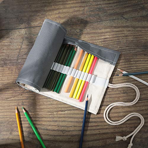 Image of Colored Pencils Roll Bag, Pen Paint Brush Storage Pouch Portable for Artist Student,Women, Men 48 Loops (Grey)