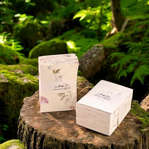 Image of Kathmandu Valley Co. 50 Vintage 4x6 Handmade Lokta Paper Nepali Cherish Greeting Cards & Matching Decorative Flower Petal Envelopes. Folded blank cards. Handmade In Nepal. (Forest Wanderer)