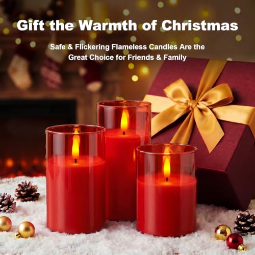 Image of Amagic Christmas Glass Flameless Candles with Remote, Real Wax Pillar Candles Batter Operated with Timer, Red LED Fake Candle for Thanksgiving Decor, Set of 3, D3 xH4 5 inch 6 inch