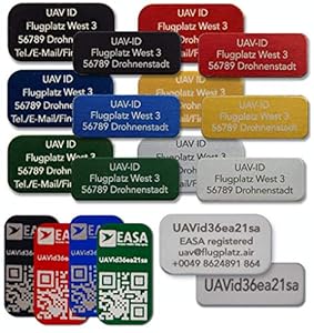 UAV-ID Drohnen-Kennzeichen | Schwarz 20x8mm | Aluminium Lasergraviert | Selbstklebend |E-ID Registrierungsnummer| Plaketten Aufkleber
