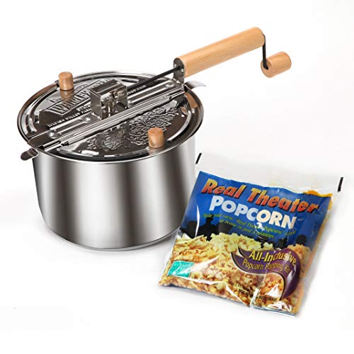Silver Whirley Pop Stovetop Popcorn Popper - Stainless Steel Popper Makes Up to 6 Quarts of Popcorn in 3 Minutes, Includes Ready To Make Popcorn Pouch - Perfect for Movie Nights and More