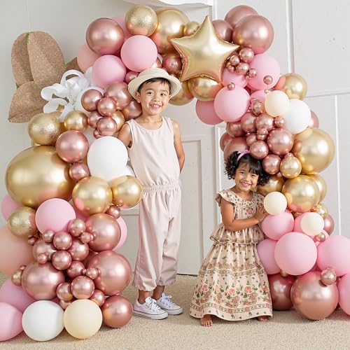 Image of 412Pcs Rose Gold Balloon Garland Arch Kit,18 12 10 5 Inch Nude Pastel Pink Metallic Gold White Balloons for Women Girls Birthday Bridal Baby Shower Decorations