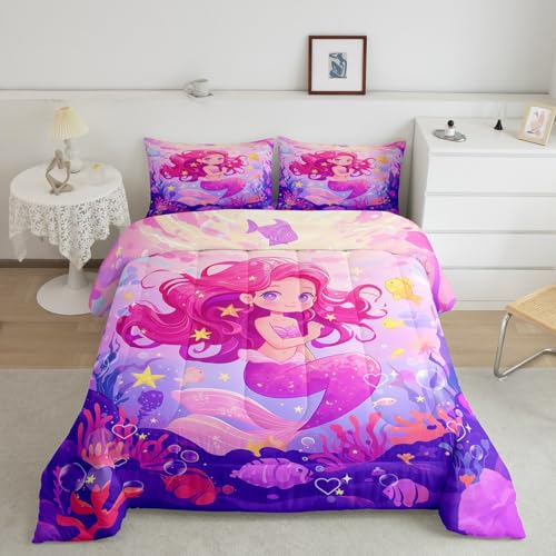 Manfei Cute Mermaid Kids Comforter Set Twin Size, Fish Starfish Coral Seaweed Down Comforter, Marine Life Bedding Set for Girls Princess Bedroom Decor, Lightweight Duvet Insert, 1 Pillowcase
