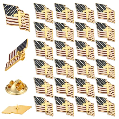Image of Huquary Patriotic Cross with Waving American Flag Metal USA Flag Lapel Pins for American Patriotic Suits Jackets Hats Backpacks Clothes Decor