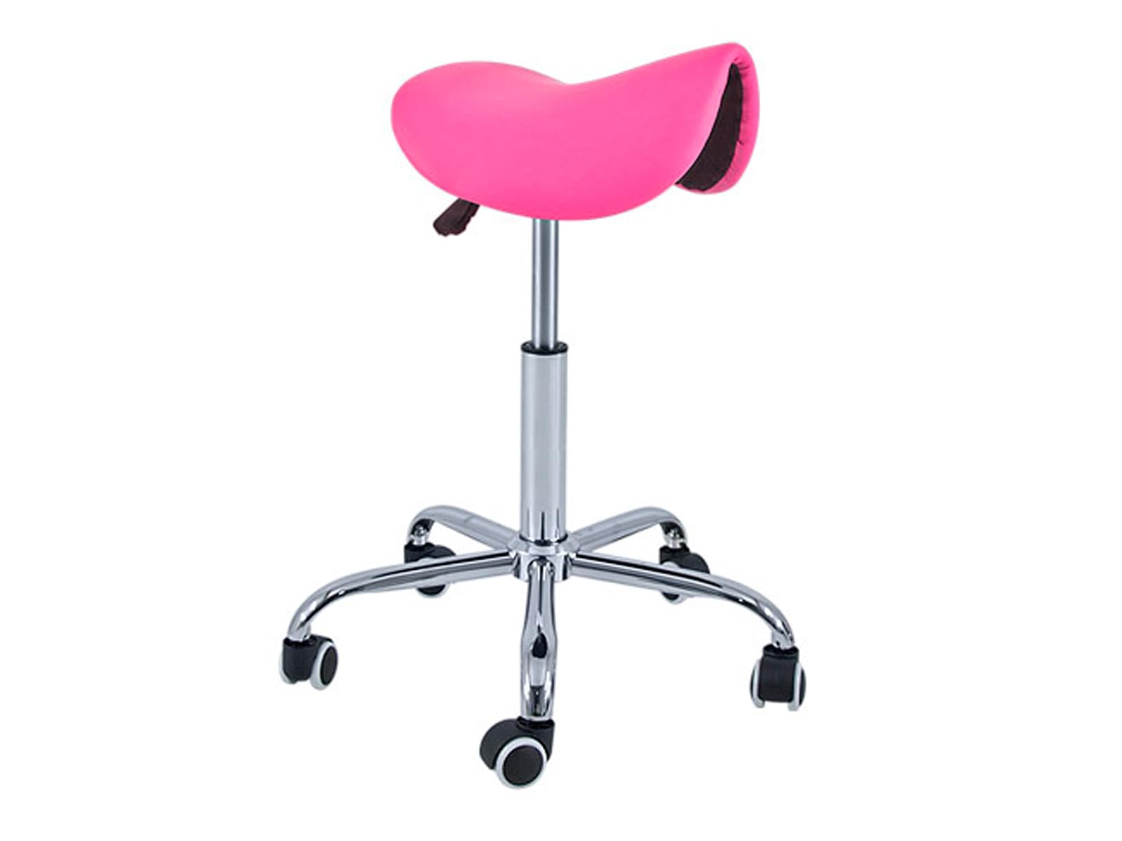 QUIRUMED Taburete Pony 5 Ruedas, Base cromada, Color Rosa, Tapizado en Polipiel, Regulable en Altura, Ligero, diseño ergonómico, Giratorio, hasta 150 kg
